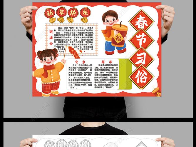 春节习俗小报模板2022年虎年线描手抄报素材