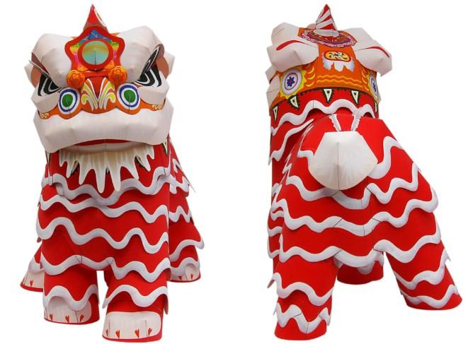 立体折纸手工diy模型剪纸 中国新年 舞狮醒狮 舞狮子 3d纸模制作