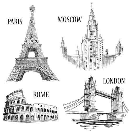 时尚精美创意欧式手绘线描世界旅游城市建筑物风景素材简笔画