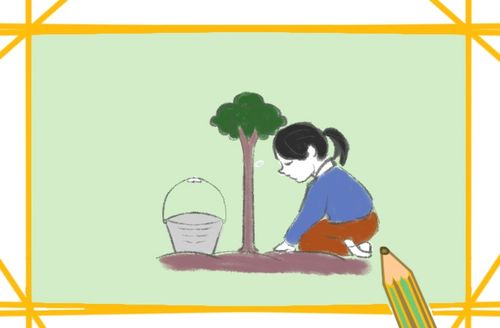 植树的女孩子上色简笔画原创教程步骤图