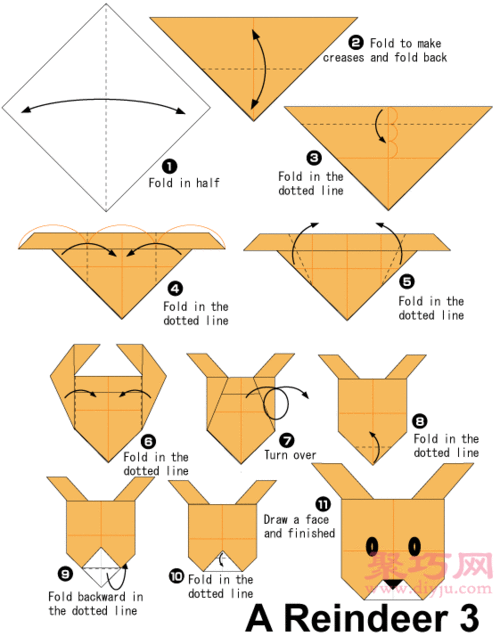驯鹿脸折纸教程图解 来学如何折纸驯鹿脸