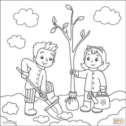 男孩和女孩在植树简笔画图片