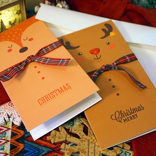 创意圣诞节折叠动物蝴蝶结节日祝福贺卡 生日礼物卡通可爱戴围巾阿狸