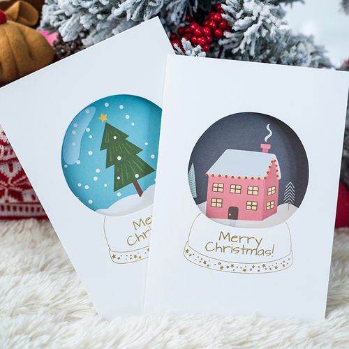 圣诞贺卡 彩色创意水晶球镂空烫金圣诞节贺卡 折叠感恩祝福卡片