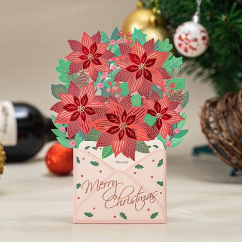 韩国镂空圣诞雪景色花贺卡创意信封红色花束圣诞节礼物祝福留言卡