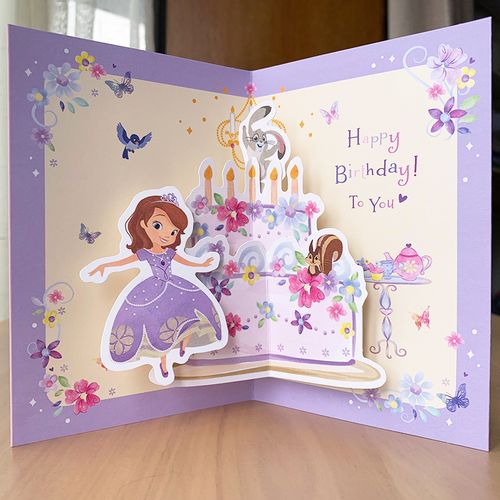 日本推荐迪士尼女孩蛋糕可爱儿童空白卡通苏菲亚公主立体生日贺卡