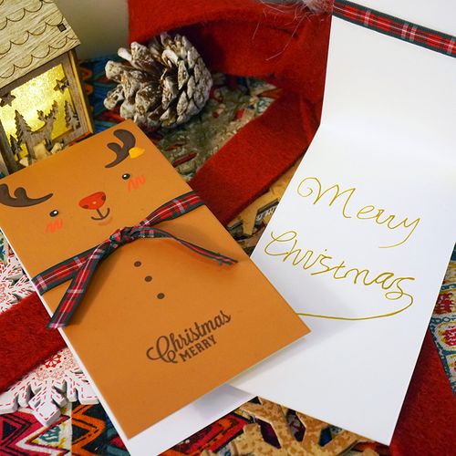 布艺蝴蝶结创意圣诞节祝福折叠贺卡 可爱卡通小动物节日卡片礼物贺卡