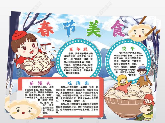 原创春节美食小报模板新年饮食文化吃饺子线描手抄报素材-版权可商用