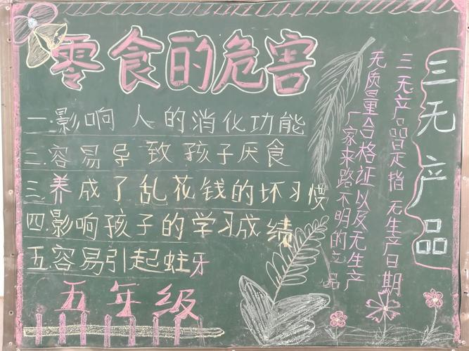 梁海小学开展杜绝三无食品主题班会黑板报手抄报学生签字活动.