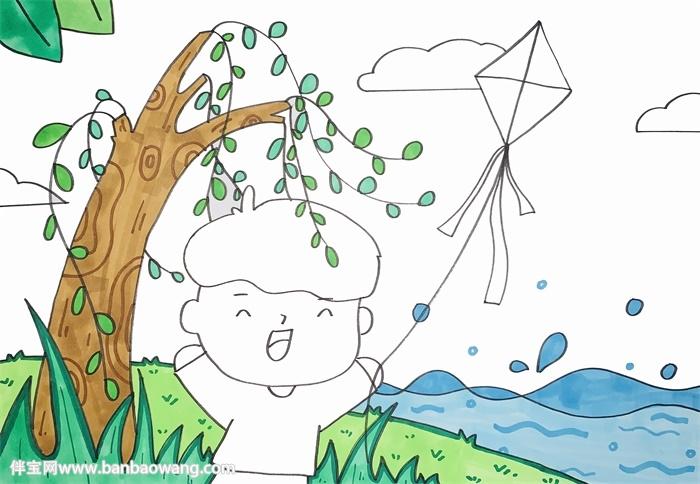1首先在手抄报的底部画上一个小男孩小男孩正在放风筝注意画出人物