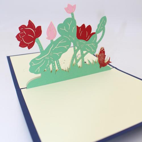创意3d立体贺卡剪纸折纸鱼戏水莲花摆件动物植物生日祝福出口外卖