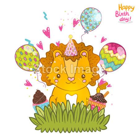 快乐的生日贺卡背景与小狮子. 图片编号 84075696