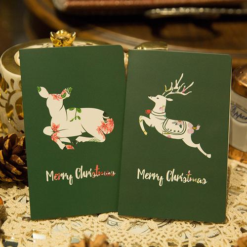 原创 精美绿底彩色花鹿折叠圣诞贺卡小鹿麋鹿 新年祝福卡感谢卡