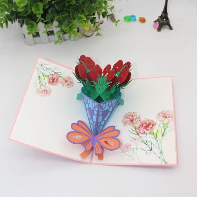 新款创意3d立体贺卡剪纸康乃馨花束折纸雕刻镂空镭射加工定做卡片