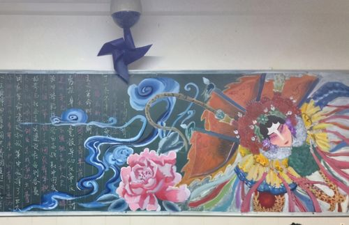 画黑板报的学生利用了各种颜料 把一个京剧人物的形象塑造得栩栩如生