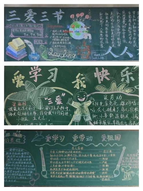 同学们精心设计三节三爱主题黑板报开展宣传让主题教育再进一步