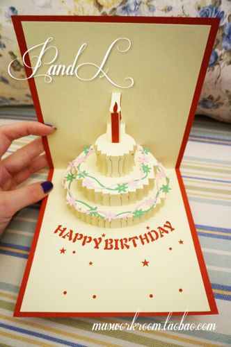 pandl工作室3d立体纸雕创意手工卡片生日祝福贺卡立体彩色蛋糕