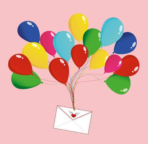 空气彩色气球举起向上信封信心形情人节爱情矢量贺卡邀请