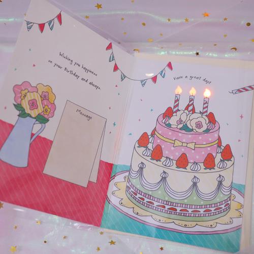 日本灯光音乐手写生日贺卡花朵蛋糕蜡烛发光送闺蜜送女儿祝福卡片