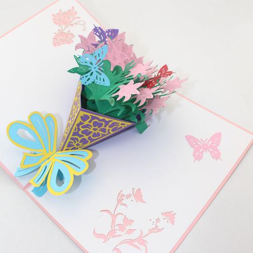 蝴蝶花束3d立体贺卡激光雕刻折叠祝福语定制印刷纸质镂空生日礼物