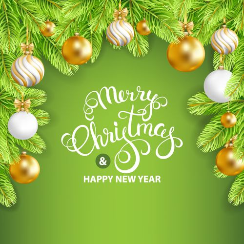 清新绿色松枝和金色吊球圣诞新年贺卡矢量素材