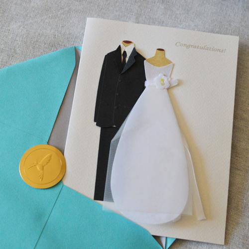加拿大创意新人婚礼闺密结婚祝福手工贺卡 情侣礼服婚纱卡片