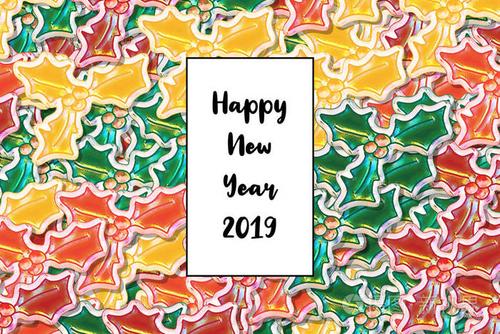 以彩色冬青叶为背景的2019年新年贺卡英文新年快乐