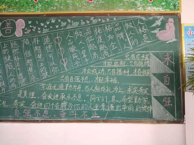 老师以自强不息为主题办黑板报宣传激励感染.