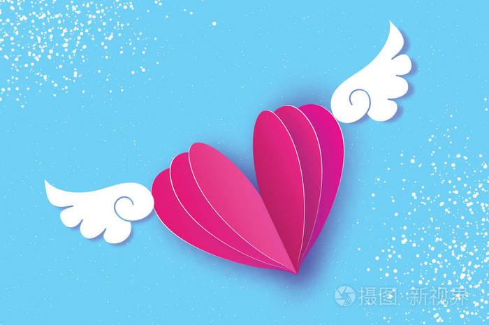 情人节快乐贺卡折纸天使的翅膀和浪漫的粉红色的心爱有翅的心脏在剪纸