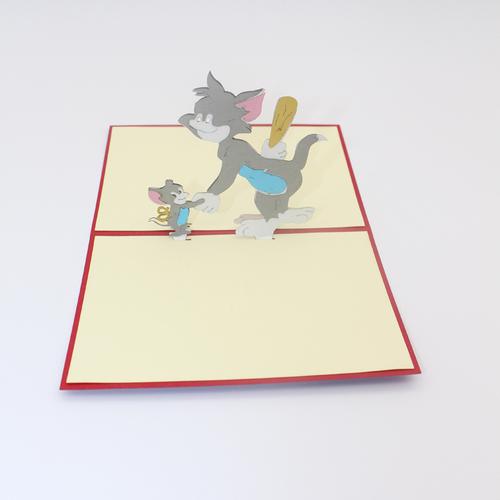 新款创意3d立体贺卡剪纸折纸动漫明信片猫老鼠摆件儿童六一生日礼
