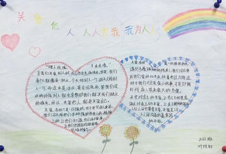杨老师布置这次手抄报的主题是想让我们同学们互相帮助互相关爱.