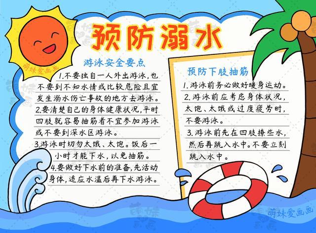 今天萌妹老师给大家带来简单的预防溺水安全游泳主题的手抄报和简笔