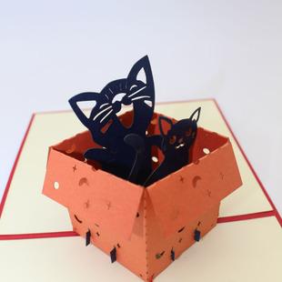 创意3d立体贺卡 剪纸雕刻折纸盒子猫生日节日祝福卡定制动物摆件