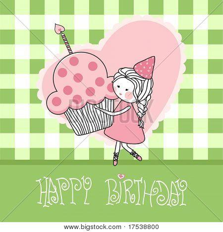 祝你生日快乐贺卡与蛋糕的女孩