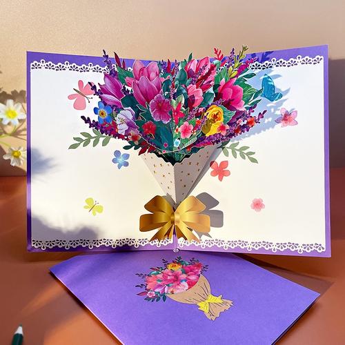 鲜花束3d立体贺卡片创意手工剪纸祝福卡送老师教师节樱花摆件卡收藏加