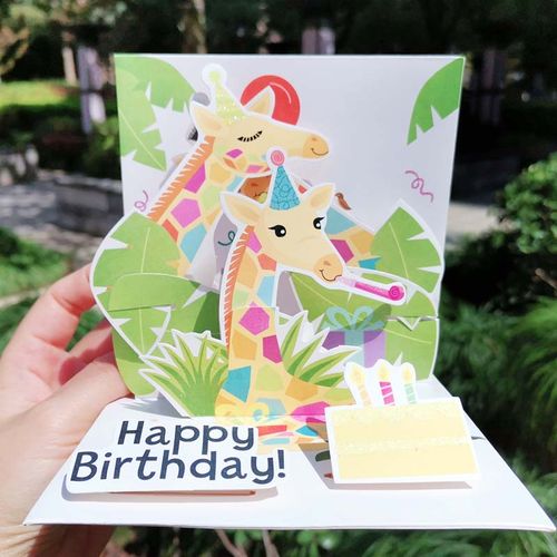 创意3d立体贺卡长颈鹿的祝福趣味动物场景宝宝生日礼物装饰卡片