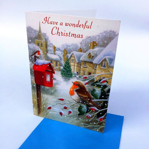 出英国圣诞贺卡小鸟与邮箱雪景对折圣诞节新年节日祝贺纪念卡片