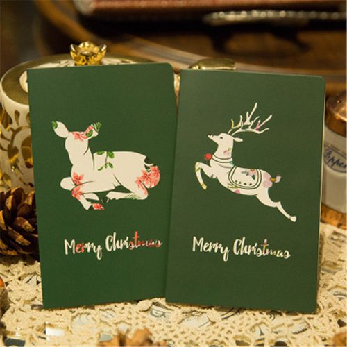 缤纷圣诞节圣诞绿底彩色花鹿可爱圣诞贺卡麋鹿小鹿祝福学生卡片