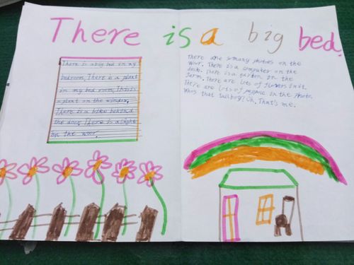 在创作手抄报的过程中孩子们对英语第五单元的单词句子进行了巩固.