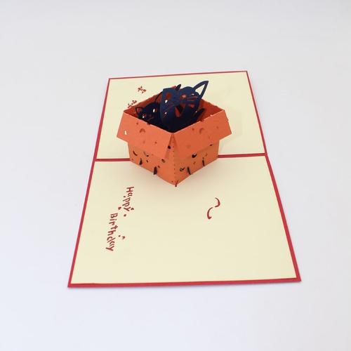 创意3d立体贺卡 剪纸雕刻折纸盒子猫生日节日祝福卡定制动物摆件