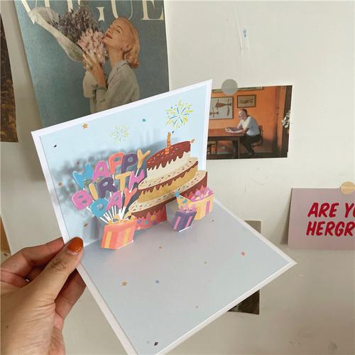 特价贺卡韩国创意3d立体韩国ins立体彩色英文生日蛋糕祝福生日卡片3d
