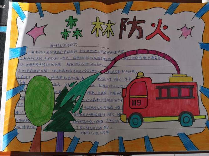孩子们通过丰富多彩的手抄报将自己学习到的森林防火知识表现了