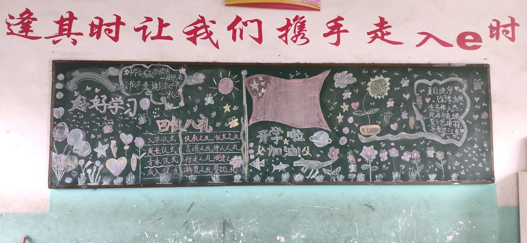 手绘新学期心迎新挑战沛县五段镇姜庄小学2021年春季开学黑板报