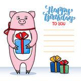 向量例证粉色小猪生日贺卡有趣的小猪生日礼物贺卡矢量可爱小猪生日