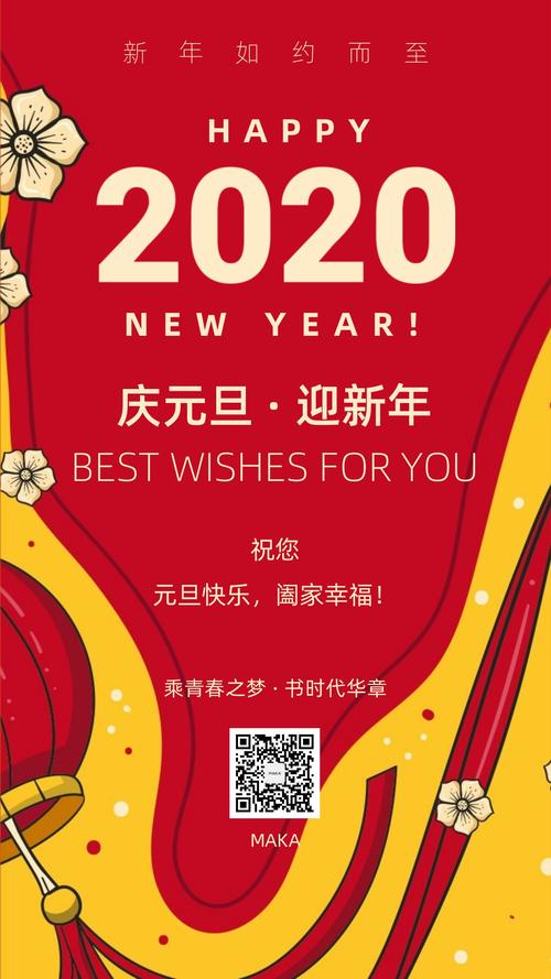 元旦新年快乐2020年红色时尚中式大气贺卡