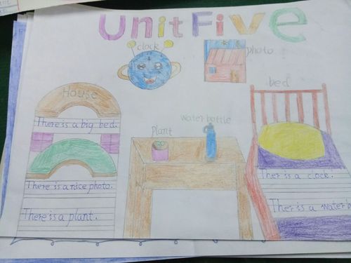在创作手抄报的过程中孩子们对英语第五单元的单词句子进行了巩固.