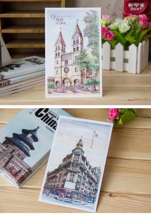 热卖包邮16张美丽中国 城市特色景点画 旅游手绘风景贺卡 明信片盒装