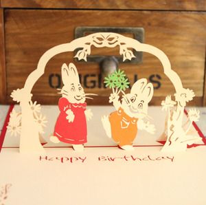 创意贺卡 卡通时尚生日快乐贺卡 儿童贺卡 黄色小兔子款粉色兔子生日
