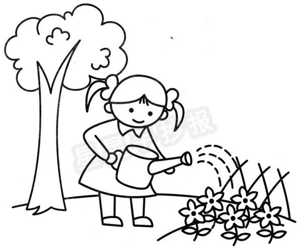 小女孩浇花简笔画图片