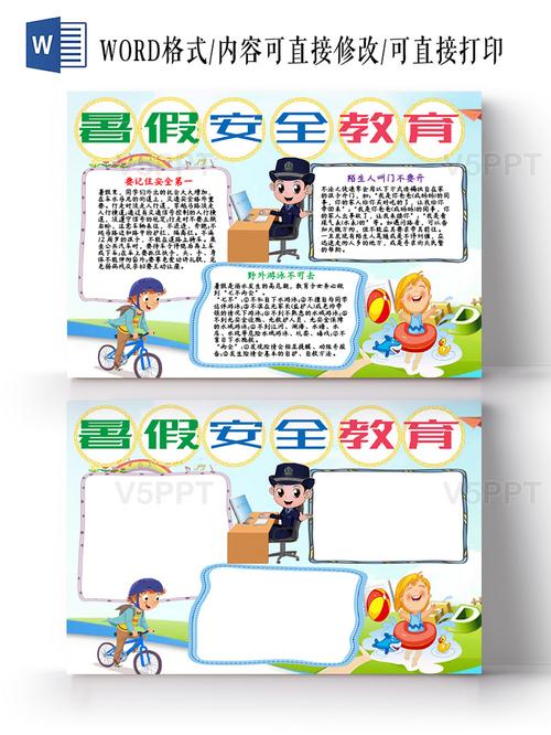 卡通边框儿童卡通暑假安全教育小报word手抄报模板